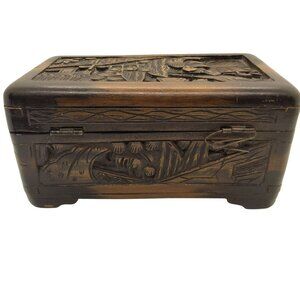 Antique Camphor Wood Intricately Hand Carved Box Jewelry Trinket Early 1900's